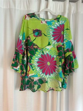 LaRoque Bright Floral Bell Sleeve Blouse in Lime & Pink